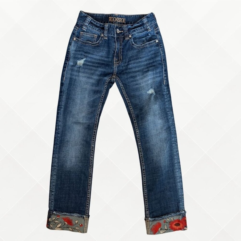 Rock & Roll Cowgirl Blue Cropped Jeans with Floral Cuffs